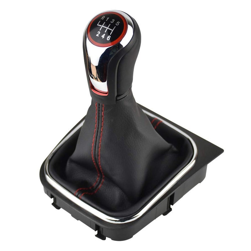 Malcayang Black Leather with Red Stitching Gear Shifter Knob Boot Cover with 6 Speed Manual Shift Knob and Bracket Base Assembly for Volkswagen Jetta for Golf MK5 MK6 MK7 Scirroco Eos - Image 2