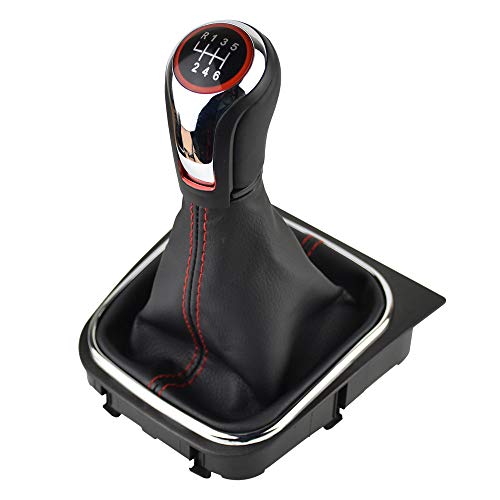 Malcayang Black Leather with Red Stitching Gear Shifter Knob Boot Cover with 6 Speed Manual Shift Knob and Bracket Base Assembly for Volkswagen Jetta for Golf MK5 MK6 MK7 Scirroco Eos - Image 1