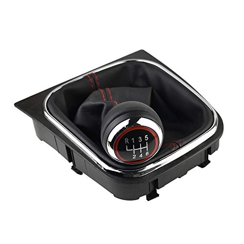 Malcayang Black Leather with Red Stitching Gear Shifter Knob Boot Cover with 6 Speed Manual Shift Knob and Bracket Base Assembly for Volkswagen Jetta for Golf MK5 MK6 MK7 Scirroco Eos - Image 3