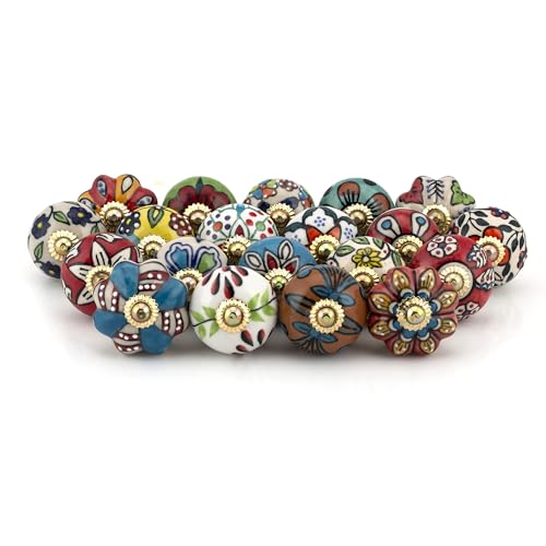 Craft Trade Ceramic Cabinet Drawer Knobs Decorative Kitchen Cabinet Hardware Cupboard Dresser Knobs Handcrafted Furniture Pull Handles Round Design Colorful Set of 20 - Image 1
