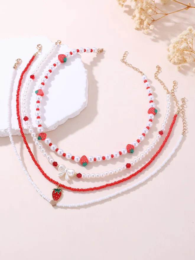 Take Two Take Two Set of 4 -  Strawberry Beaded Necklace
