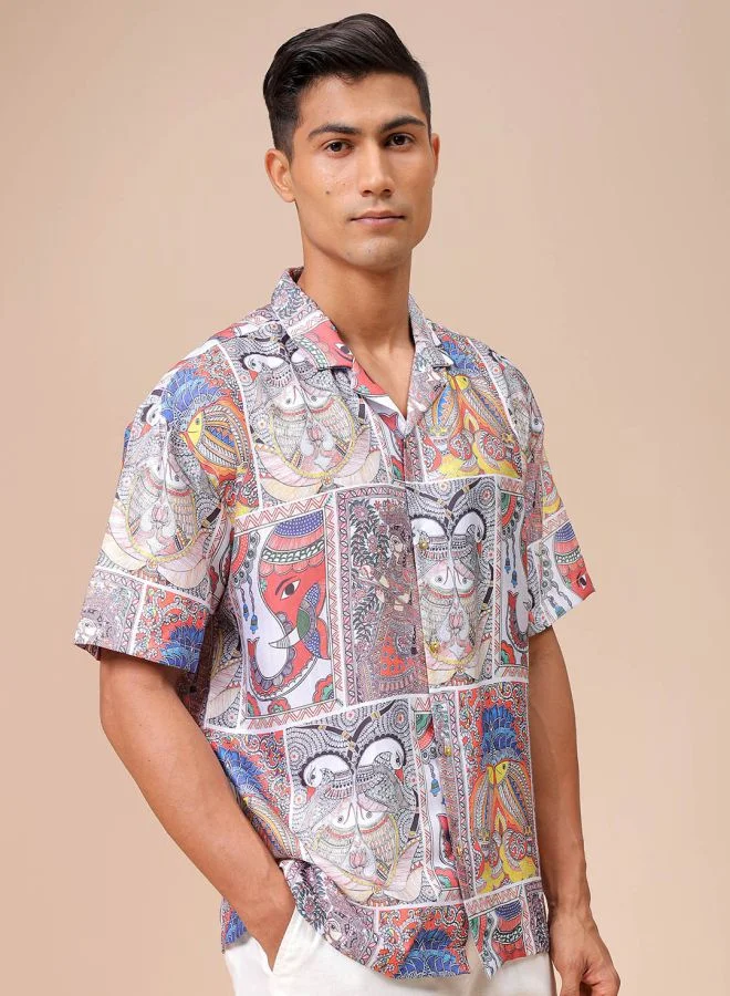 The Indian Garage Co Men Relaxed Fit Indie Printed Half Sleeves Cuban Collar Resort Wear Shirt