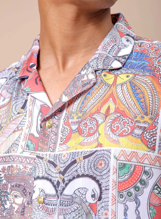 The Indian Garage Co Men Relaxed Fit Indie Printed Half Sleeves Cuban Collar Resort Wear Shirt