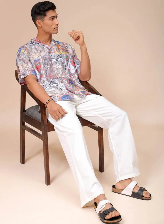 The Indian Garage Co Men Relaxed Fit Indie Printed Half Sleeves Cuban Collar Resort Wear Shirt