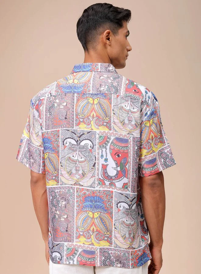 The Indian Garage Co Men Relaxed Fit Indie Printed Half Sleeves Cuban Collar Resort Wear Shirt