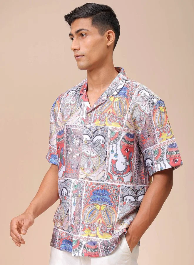 The Indian Garage Co Men Relaxed Fit Indie Printed Half Sleeves Cuban Collar Resort Wear Shirt