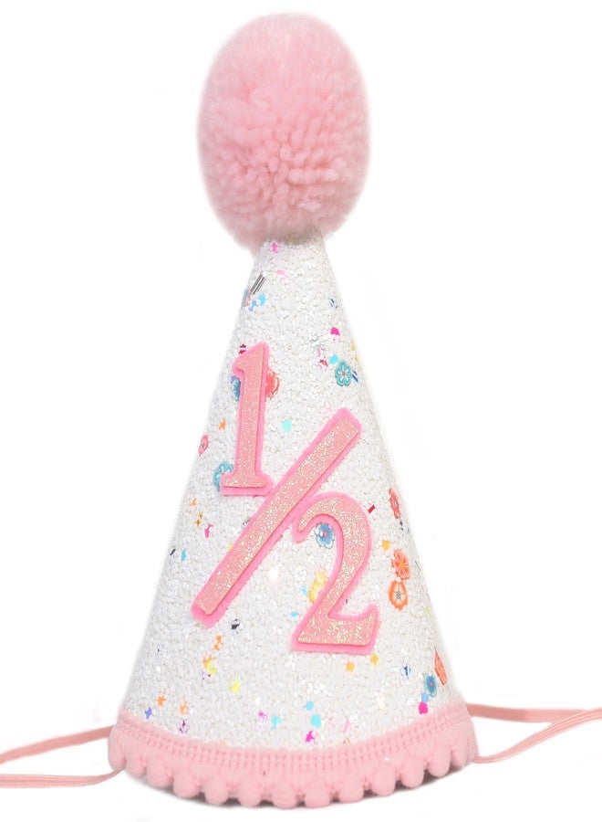BOOMPA Half Birthday Party Hat, Pink and White Glitter with Pom Pom, 6 Month Celebration - Image 1