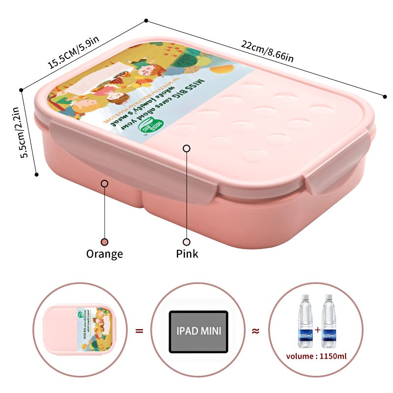 MISS BIGÂ® Bento Box for Kids,Bento Box & Lunch Box,Leakproof, No BPAs/Chemical Dyes,M/W, D/W & Fridge Safe,1150ml Large Lunch Box for School, Picnic, Travel (Pink) - Image 5