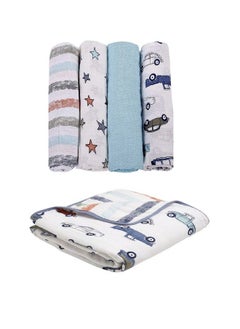 MOM'S HOME Organic Cotton Baby Muslin Cswaddle100X100 Cmpack Of 4Blue 1 Ac Blanket  - Image 1