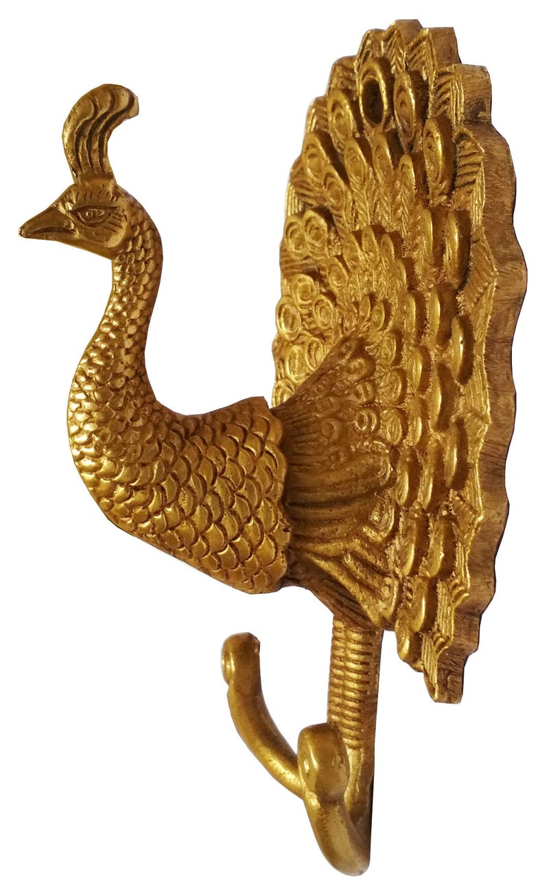 Purpledip Brass Wall Hook Hanger 'Proud Peacock': Vintage Design Wall Decor Gift, Golden (11592) - Image 2