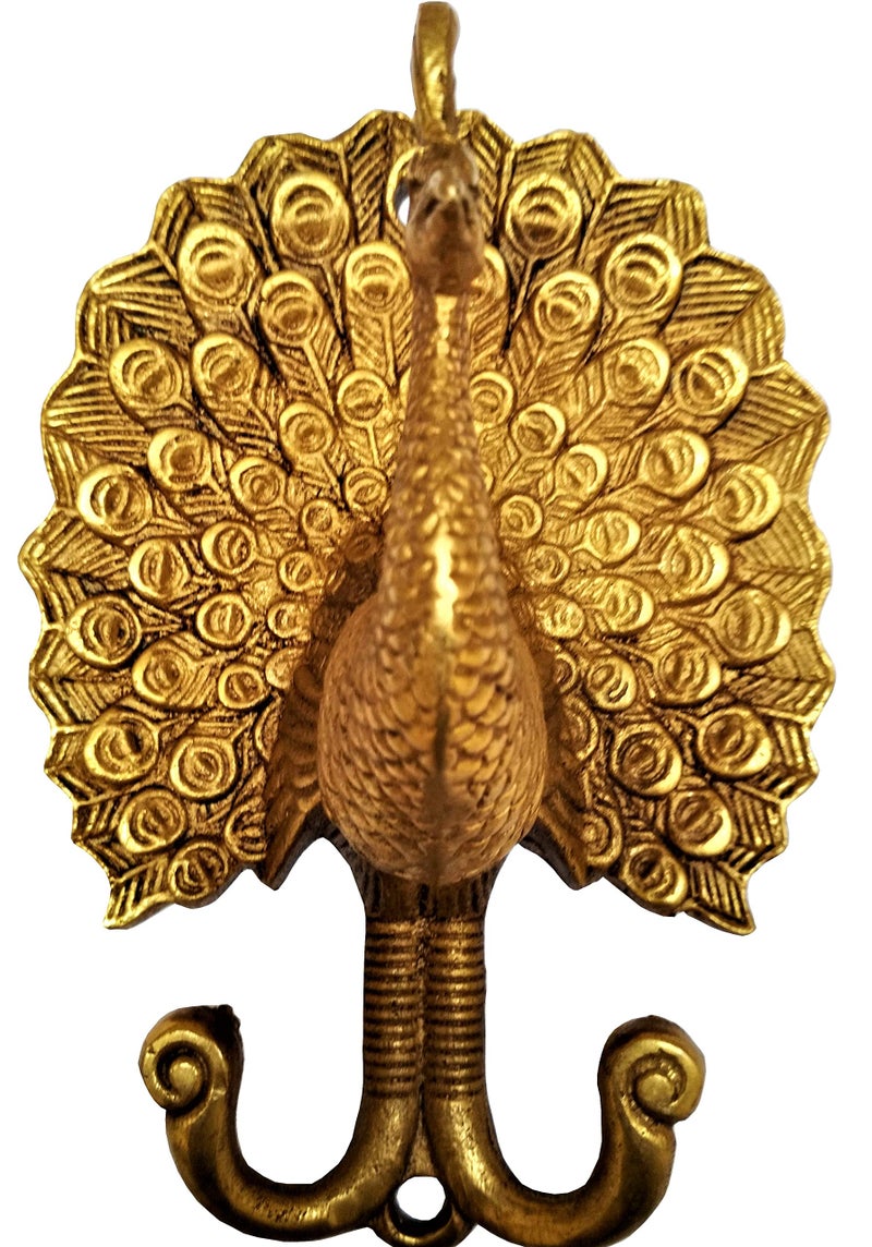 Purpledip Brass Wall Hook Hanger 'Proud Peacock': Vintage Design Wall Decor Gift, Golden (11592) - Image 1