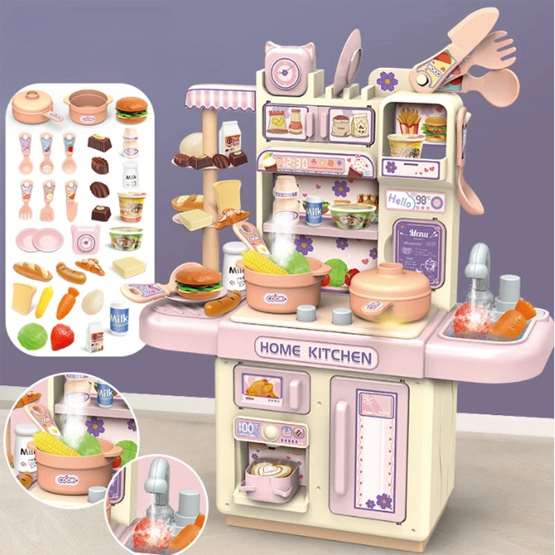 Beauenty Kitchen Playset with Realistic Steam and Light 39 PCS Kitchen Accessories Set Toy Mini Kitchen Set for Kids Pretend Play Food Toys for 3 Year Old Boys and Girls - Image 1