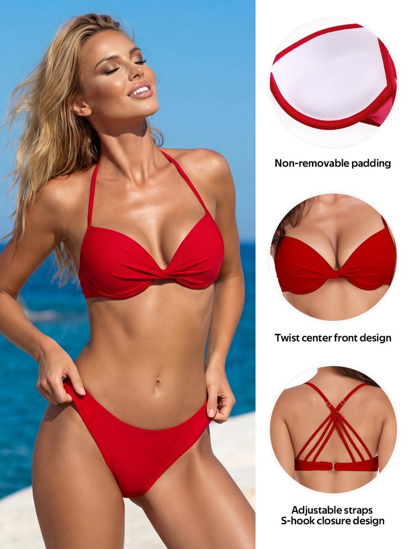 RELLECIGA Women's Push Up Bikini Top Twist Front Underwire Bathing Suit (Medium, Red, m) - Image 2