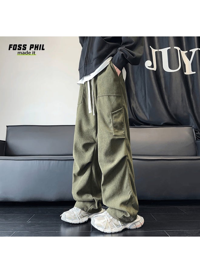 Foss Phil Casual Pants For Men, Autumn And Winter Sports Trendy Versatile Loose Straight-leg Multi-pocket Corduroy Fpk47 Army Green L - Image 1