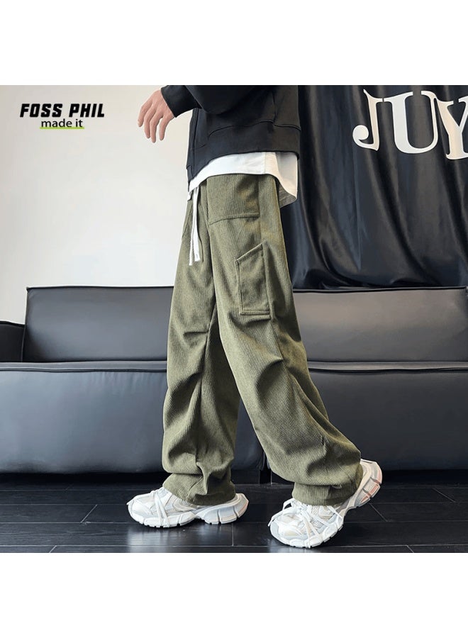 Foss Phil Casual Pants For Men, Autumn And Winter Sports Trendy Versatile Loose Straight-leg Multi-pocket Corduroy Fpk47 Army Green L - Image 5