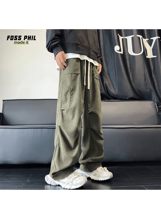 Foss Phil Casual Pants For Men, Autumn And Winter Sports Trendy Versatile Loose Straight-leg Multi-pocket Corduroy Fpk47 Army Green L - Image 3