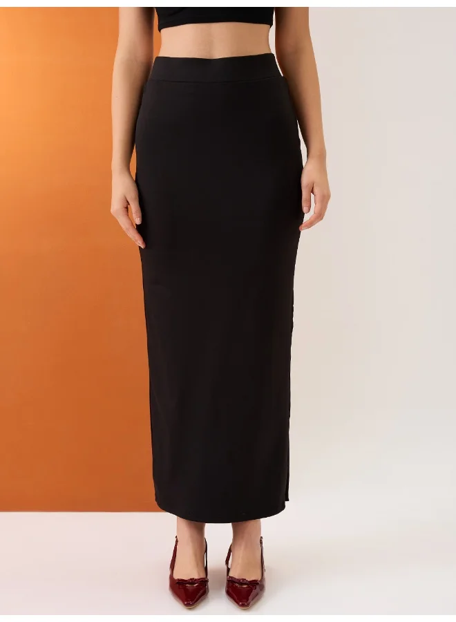 جلو باص جوبس تنورة ماكسي قلم نسائية سوداء عالية الخصر بقصة جانبية مطاطية