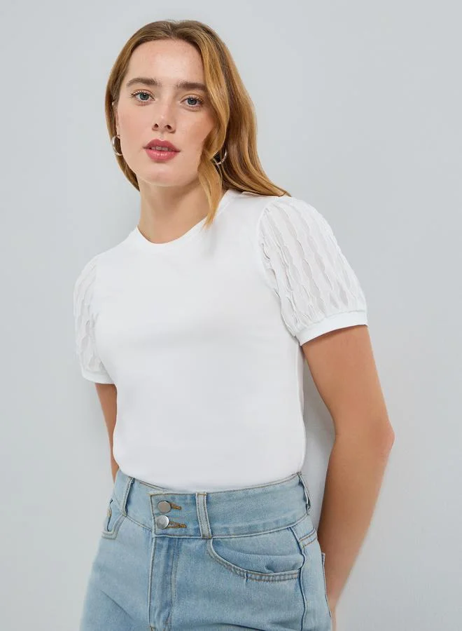 Take Two Women Solid Lace Puff Sleeve Top