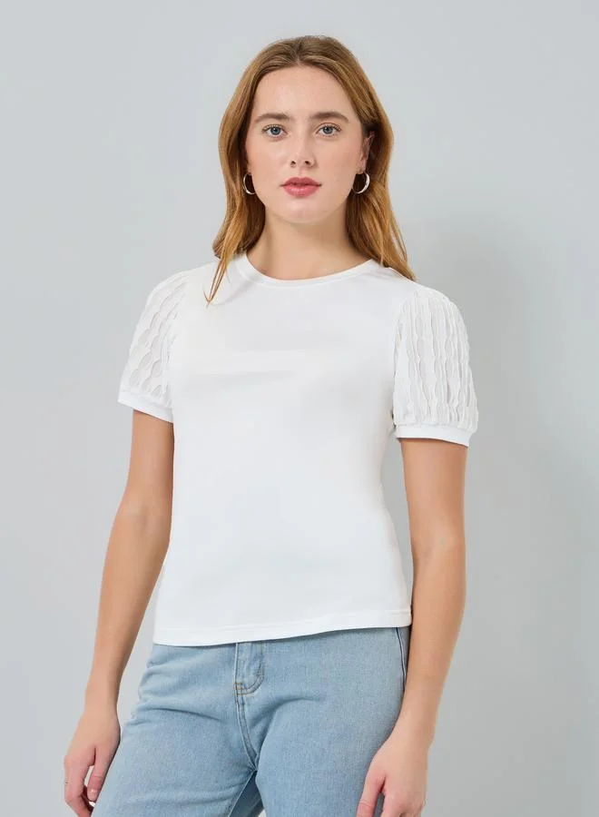 Take Two Women Solid Lace Puff Sleeve Top