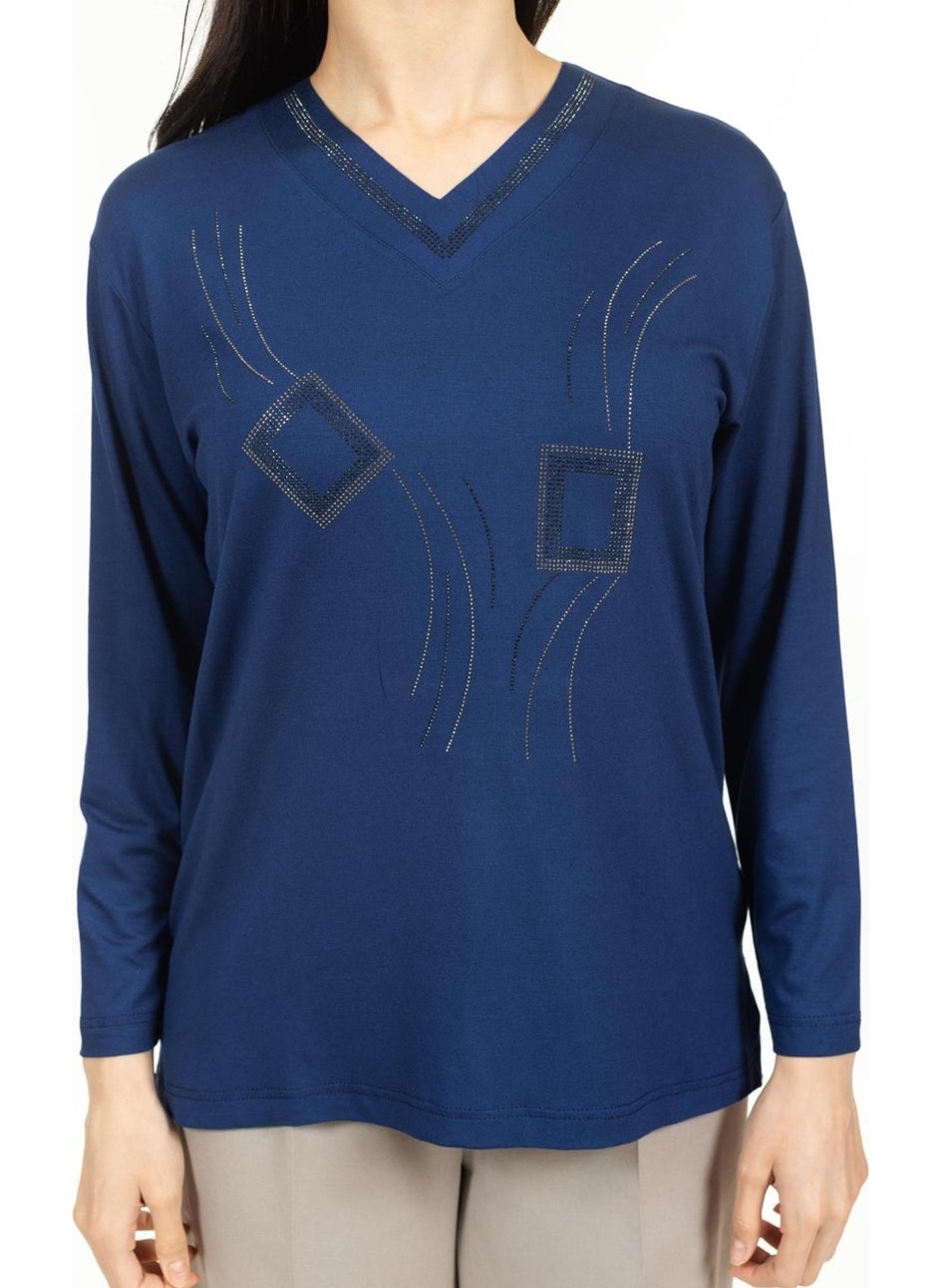 Mutlu City - Women Middle Age and Above New Model V Neck Stone Embroidered Mother's Combed Cotton Blouse 30560 - Image 1