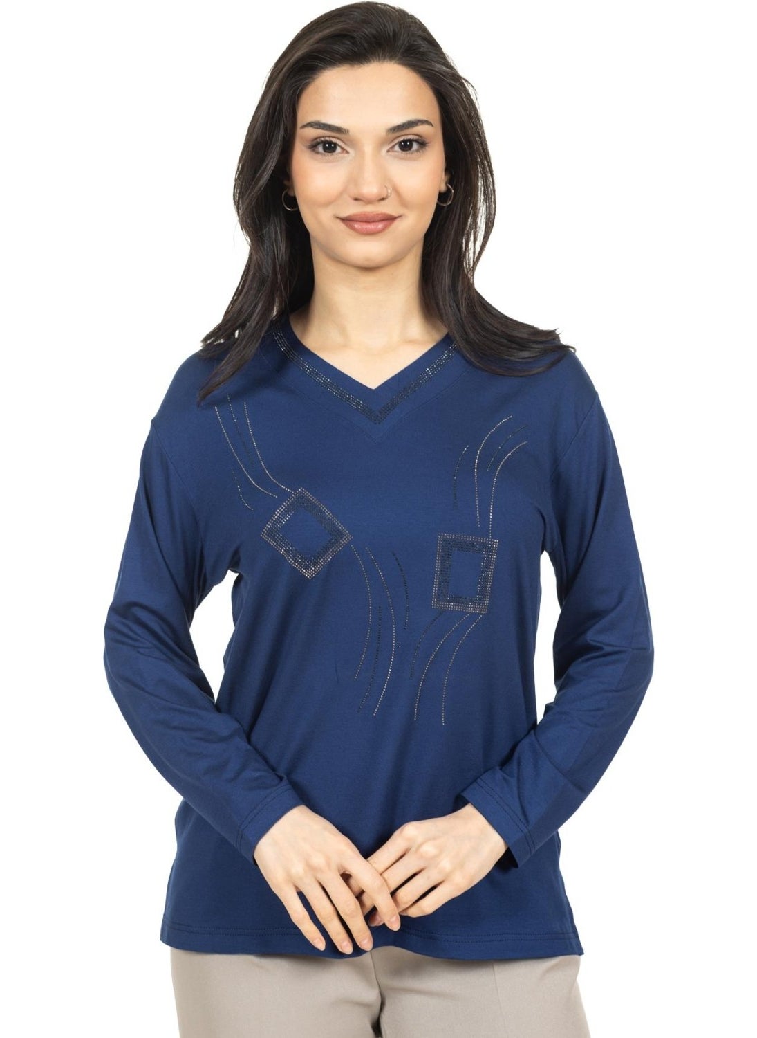 Mutlu City - Women Middle Age and Above New Model V Neck Stone Embroidered Mother's Combed Cotton Blouse 30560 - Image 1