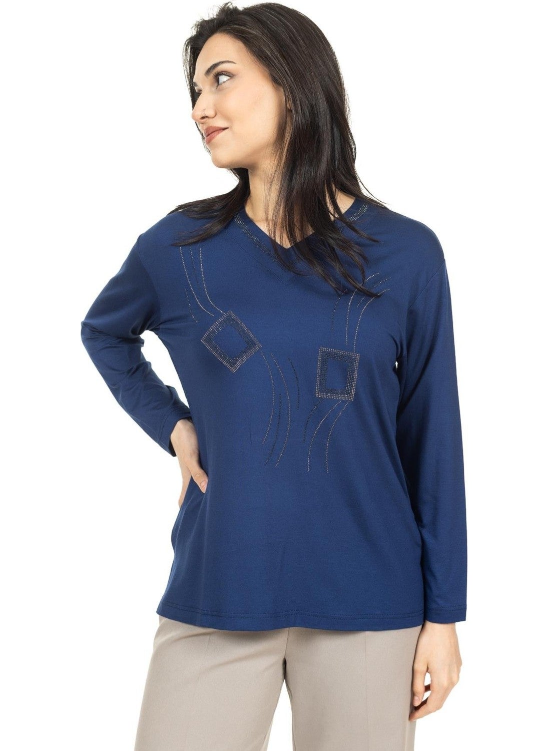 Mutlu City - Women Middle Age and Above New Model V Neck Stone Embroidered Mother's Combed Cotton Blouse 30560 - Image 1