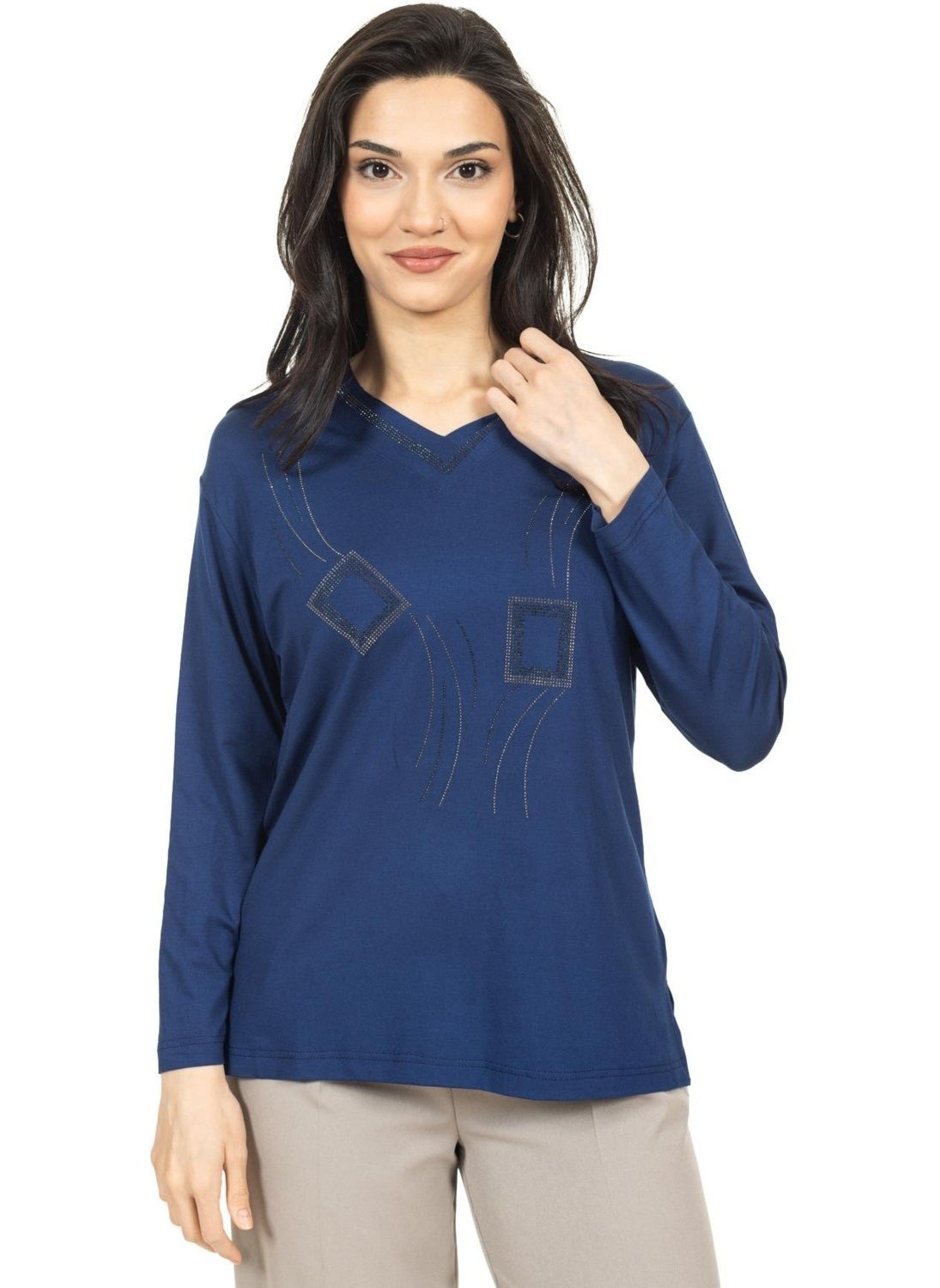 Mutlu City - Women Middle Age and Above New Model V Neck Stone Embroidered Mother's Combed Cotton Blouse 30560 - Image 1