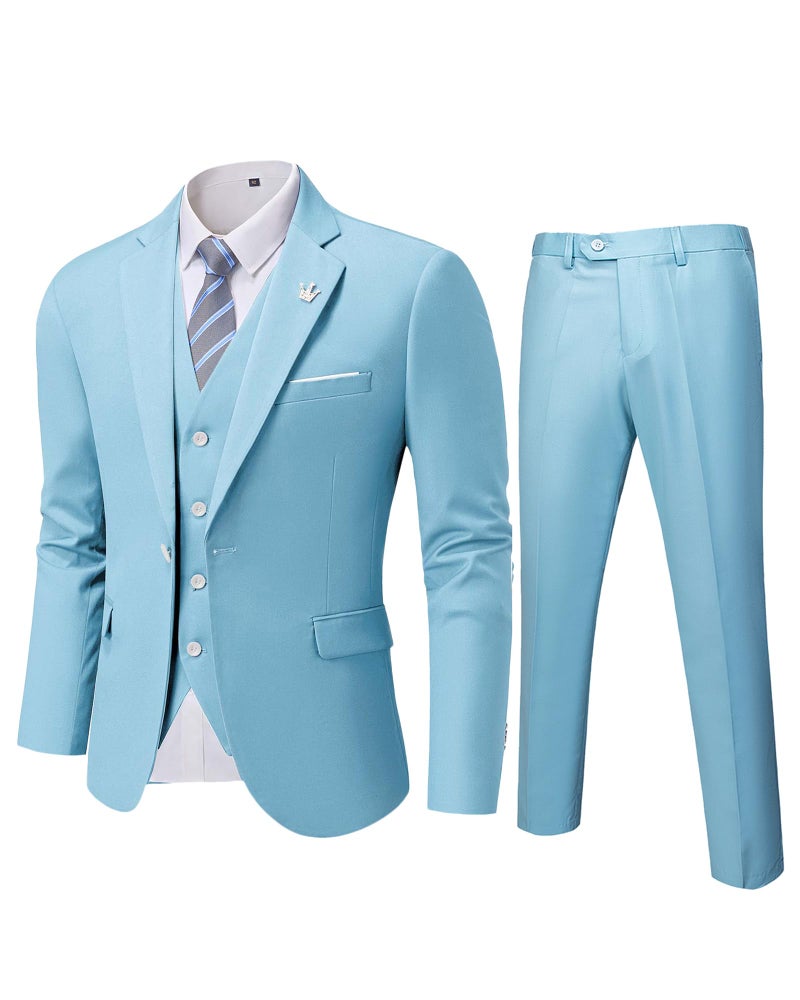 MYS MY'S Men's 3 Piece Slim Fit Suit Set, One Button Solid Jacket Vest Pants with Tie Sky - Image 1