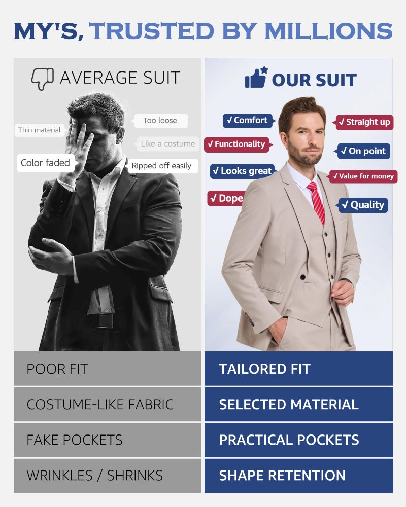 MYS MY'S Men's 3 Piece Slim Fit Suit Set, One Button Solid Jacket Vest Pants with Tie Sky - Image 5