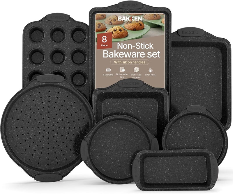 BAKKENMASTER BAKKEN 8-Piece Kitchen Oven Baking Pans Set - Deluxe Nonstick Gray Marble Coating, Professional Grade Carbon Steel Bakeware with Silicone Handles - Oven, Dishwasher, and Freezer Safe - Image 1