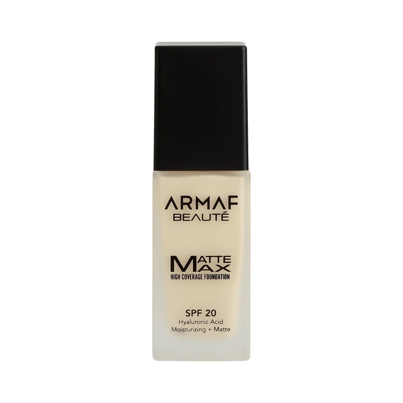 Armaf Beaute Face Make Up Matte Max High Coverage Liquid Foundation SPF 20 30ml, Warm Beige Colour, Hyaluronic Acid, Moisturizing & Matte Finish Foundation, Lightweight Formula, For All Skin Types