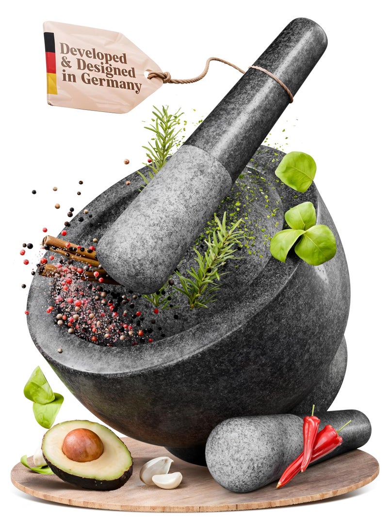 ChefSofi Extra Large 8 Inch 5 Cup-Capacity Mortar and Pestle Set - Black Polished Exterior - One Huge Mortar and Two Pestels: 8.5 inch and 6.5 inch - Image 1
