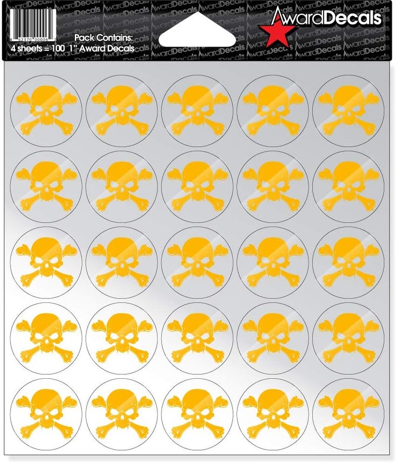 New Skull and Crossbone (Yellow Gold on Clear) Sticker Set 1" (100 Decals) The Original Premium 20mil Thick Helmet Decals Made in The USA Since 1976