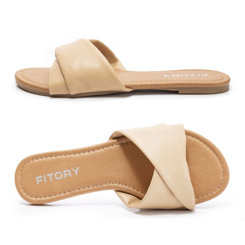 FITORY Women's Flat Sandals Fashion Slides With Soft Leather Slippers for Summer Size 11 - Image 3