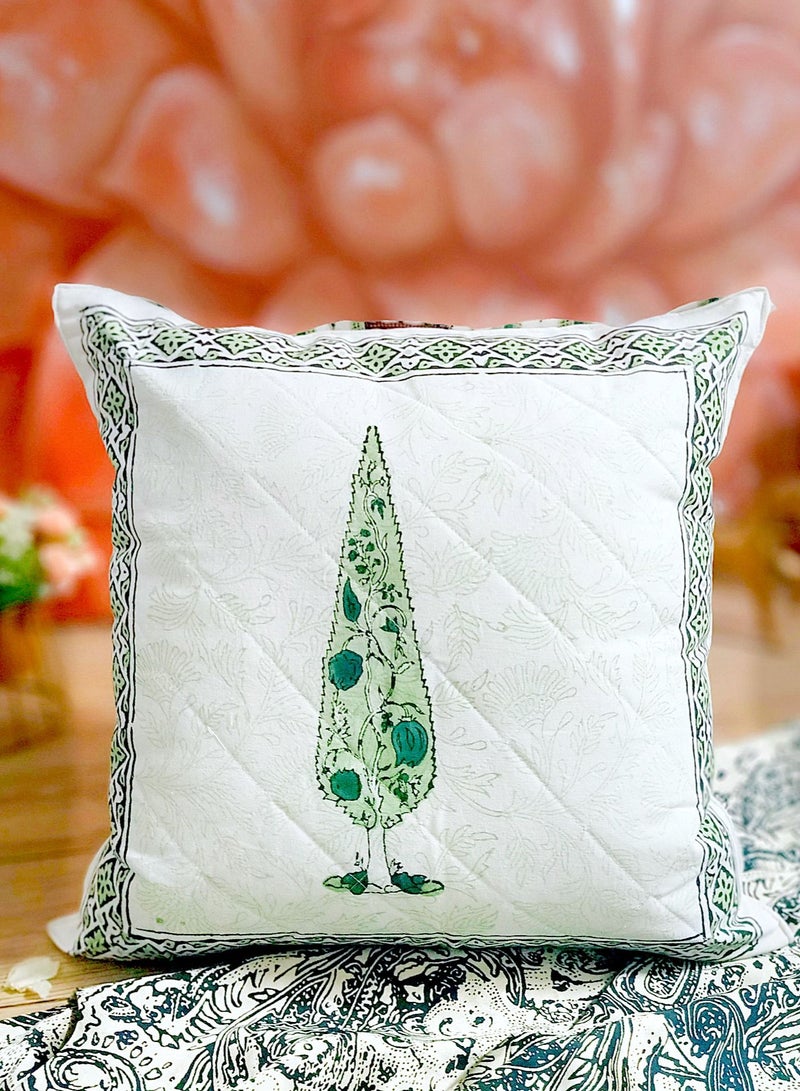 OJARIYA White And Green Non-Allergenic Quilted Premium Organic Cotton Hand Block Printed Cushion Cover 40 Cm X 40 Cm  - Image 2