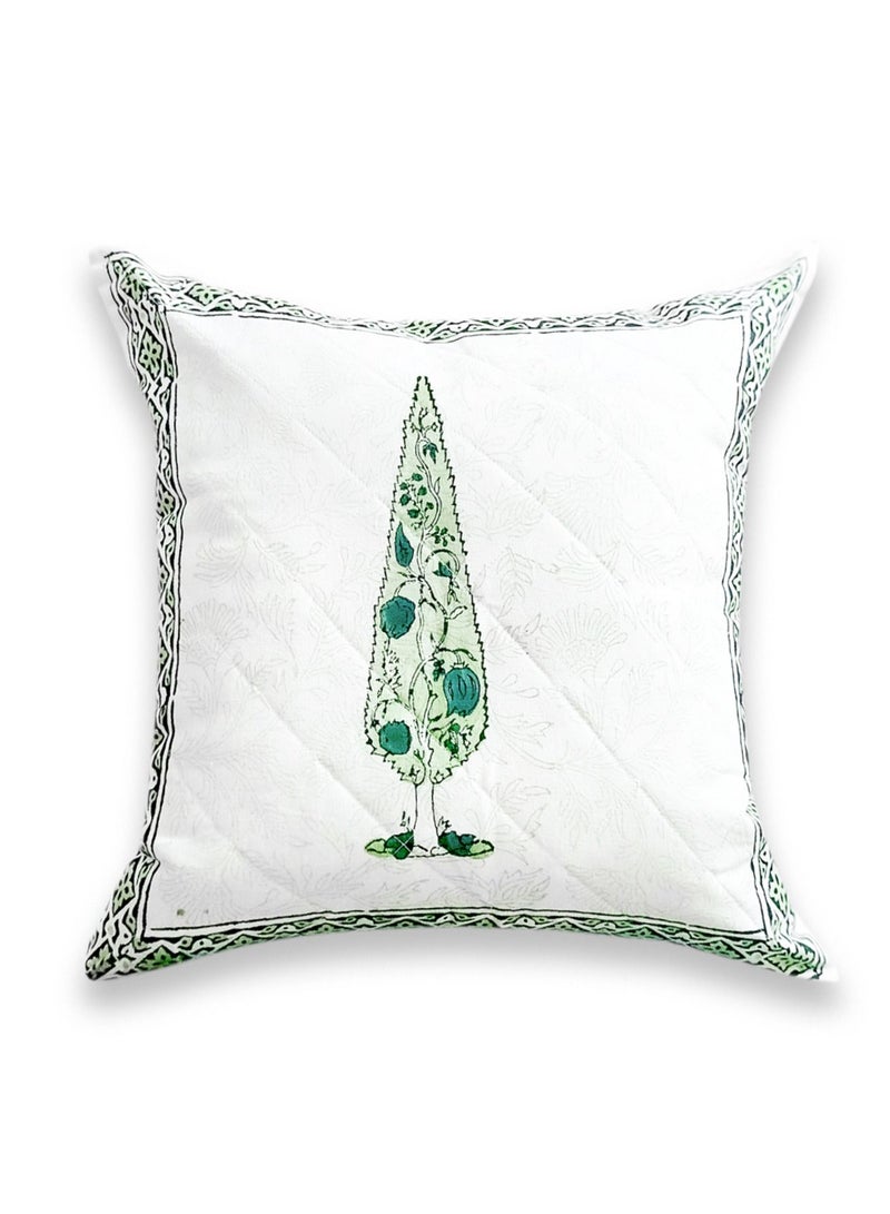 OJARIYA White And Green Non-Allergenic Quilted Premium Organic Cotton Hand Block Printed Cushion Cover 40 Cm X 40 Cm  - Image 1