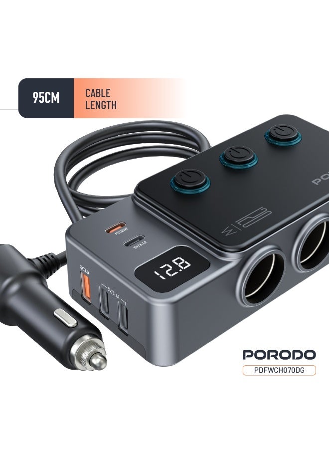 porodo 120W Car Charger HUB Triple Port Lighter Socket / PD 35W & QC 18W Fast Charging / Triple USB-A & Dual USB-C Ports / Real Time Voltage Display / Independent Power Switch - Dark Grey - Image 3