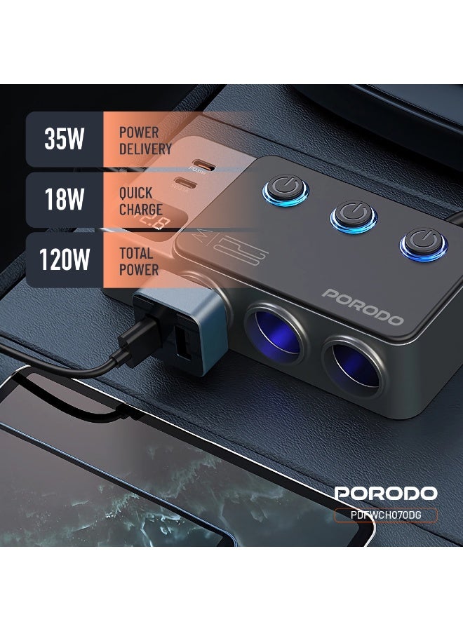 porodo 120W Car Charger HUB Triple Port Lighter Socket / PD 35W & QC 18W Fast Charging / Triple USB-A & Dual USB-C Ports / Real Time Voltage Display / Independent Power Switch - Dark Grey - Image 5
