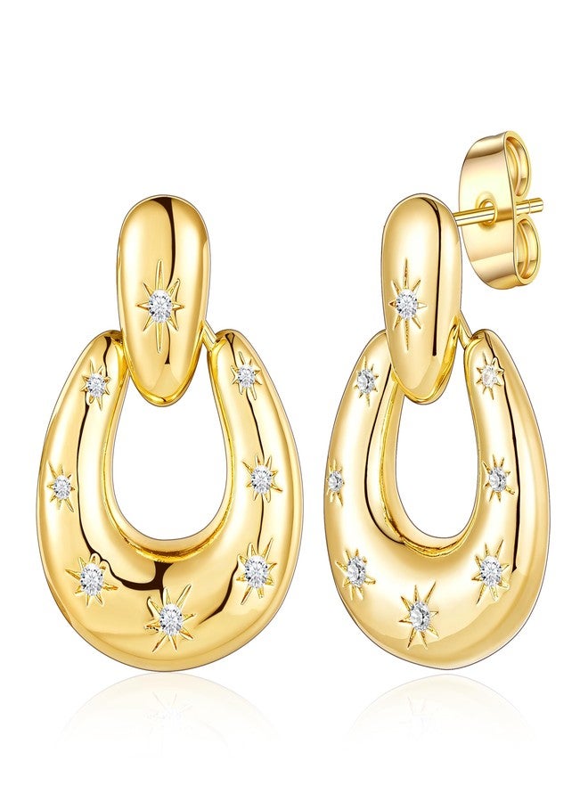 Kesaplan Gold Hoop Dangle Earrings for Women 14K Gold/Silver Plated Statement Retro Earrings 5A Cubic Zirconia Round Multiple Styles Jewelry for Birthday Party Jewelry (Dangle Earrings Gold CZ 1) - Image 1