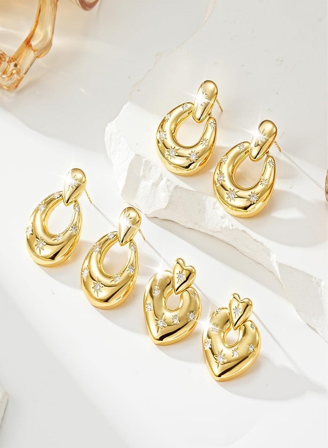 Kesaplan Gold Hoop Dangle Earrings for Women 14K Gold/Silver Plated Statement Retro Earrings 5A Cubic Zirconia Round Multiple Styles Jewelry for Birthday Party Jewelry (Dangle Earrings Gold CZ 1) - Image 5