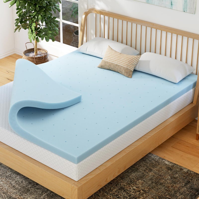 EGOHOME 3 Inch Queen Memory Foam Mattress Topper, Cooling Gel Infused & Pressure Relieving Pad in a Box, Dorm Room Essentials, CertiPUR Certified, Blue - Image 1