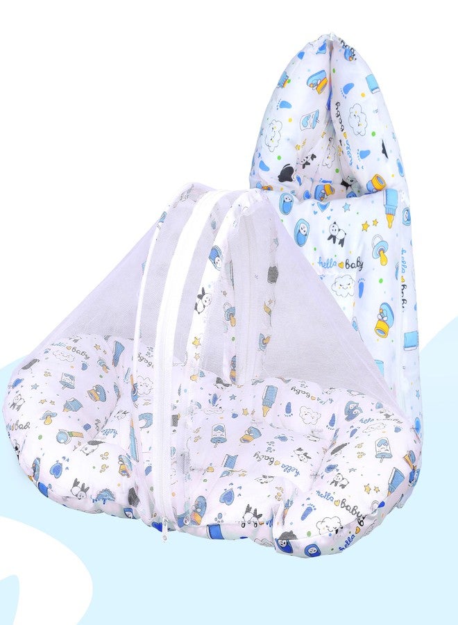 Infans Mini Cotton Baby Bedding Set for New Born Baby Sleeping Bag, Mosquito Net Bed Suitable Upto 6 Months Babies (Panda Blue), 500 TC - Image 1