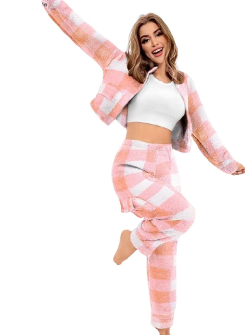 MANIKAN MANIKAN-Soft pink and white plaid pajama set for comfort and style 