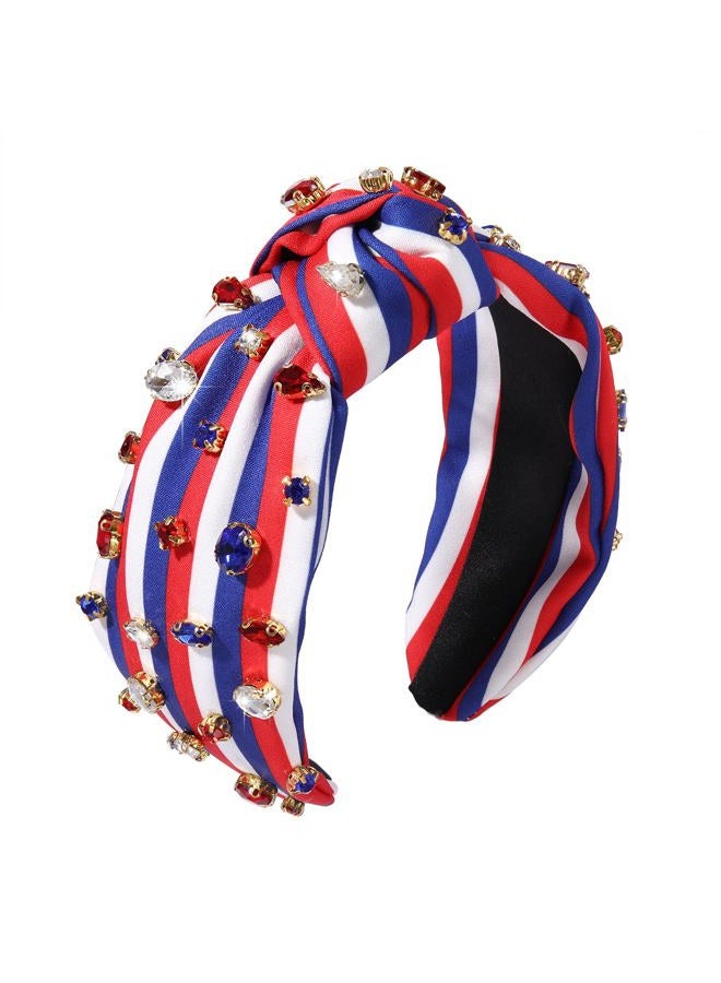 MOLOCH American Flag Headband 4th of July Headband Red White Blue USA Stripe Knotted Head Band for Women Rhinestone Crystal Patriotic Hairband Party Hair Accessory - Image 1