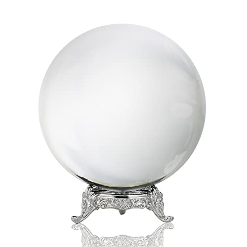QFkris 100mm/3.9inch Clear Crystal Ball with Metal Stand Fortune Teller Mystical Quartz Ball Photography Props FengShui Divination Spheres Decorative Glass Ball - Image 1
