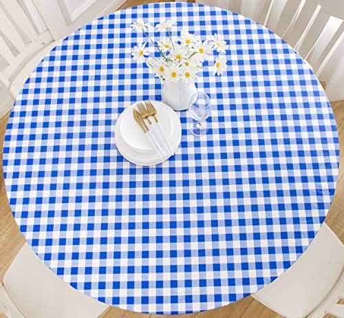 Rally Home Goods Rally Home Goods Indoor Outdoor Patio Round Fitted Vinyl Tablecloth Flannel Backing Elastic Edge Waterproof Wipeable Cover BlueWhite Gingham Plaid Check Plastic for 5Seat Table of 3642 Diam 