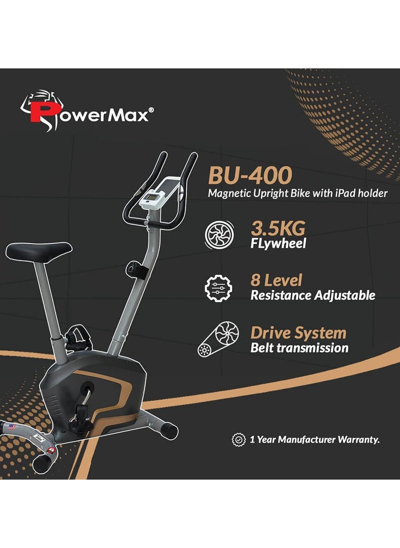 دراجة التمرين PowerMax Fitness® BU-400 المغناطيسية المستقيمة للمنزل [دولاب الموازنة: 3.5 كجم، الحد الأقصى لوزن المستخدم: 110 كجم، شاشة LCD، مقاومة قابلة للتعديل 8 مستويات] دراجة تمرين باللون الأسود - pzsku/ZD5AD067011848466FF89Z/45/_/1732276354/1323b8ae-4cf9-418d-a6f4-802304168c19