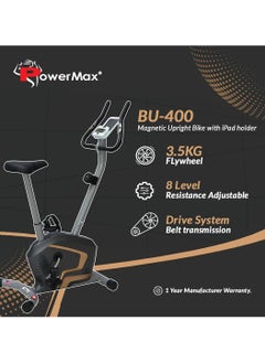 PowerMax Fitness Fitness® Bu-400 Magnetic Exercise Upright Bike For Home [Flywheel:3.5Kg, Max User Weight:110Kg, Lcd Display, 8Level Adjustable Resistance] Exercise Bike In Black Colour  - Image 2
