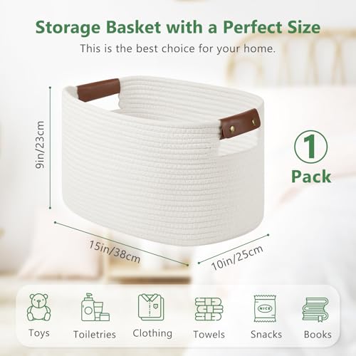 ECDYQXVU Cotton Rope Basket , Storage Baskets with Handle, 15x10x9 Inch Woven Basket for Shelves, Laundry, Towels, Clothes, Books, Toys (White 1Pack) - Image 3