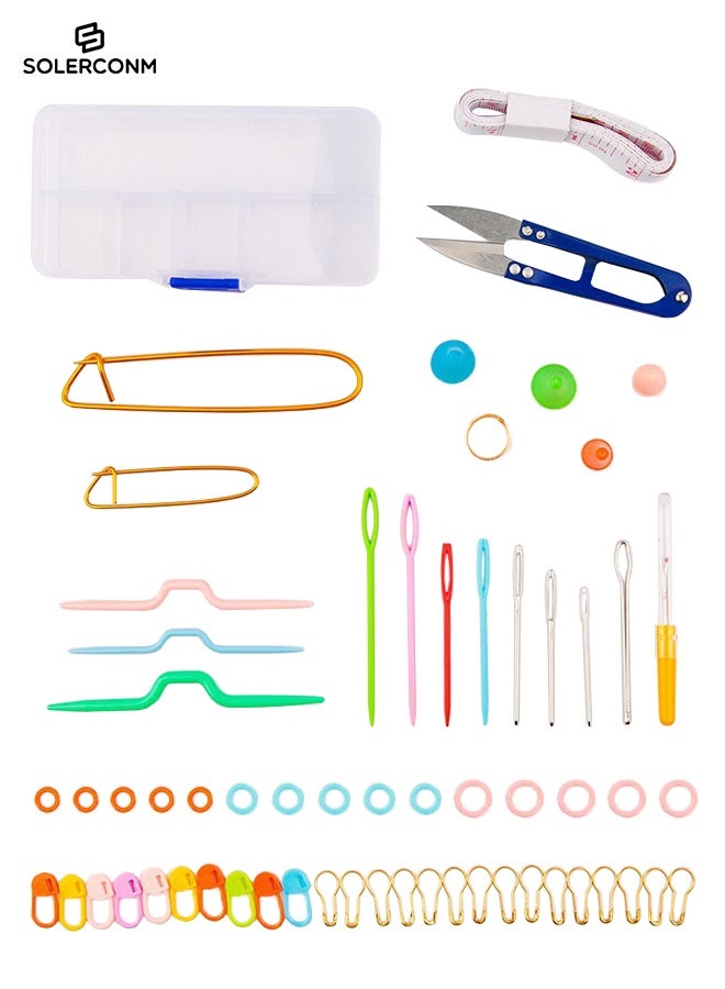 Solerconm 62pcs Crochet Kit with Clear Case, Knitting Kit with Sewing Supplies & Accessories, Including Scissors, Measuring Tape, Needle Threader, 15 Stitch Rings, 10 Plastic Locking Stitch Markers &